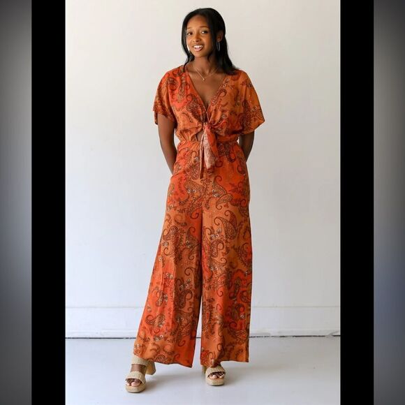 Lush Pants - LUSH Rust Paisley Tie Knot Jumpsuit